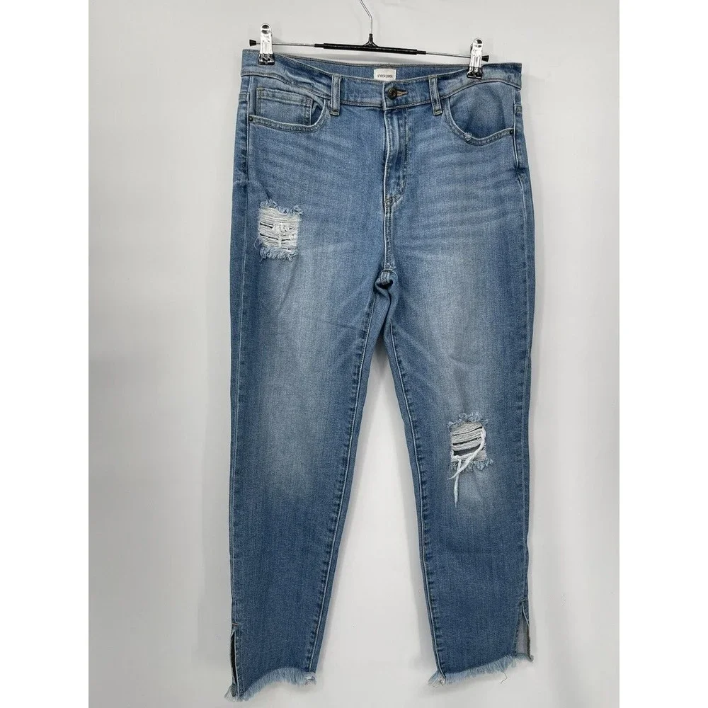 Sneak Peek 11/30 Distressed High Rise Jeans Womens Blue Frayed Hem‎ Side Slit